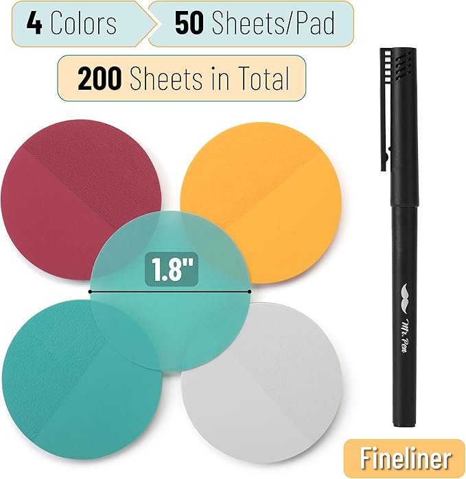 Mr. Pen- Round Transparent Sticky Notes, 1.8”, 4 Pads with Black Fineliner | 200 Sheets, Smooth Writing, Water-Resistant, Clean Removal, Easy-Peel Sticky Notes for Bible Journaling & Planning