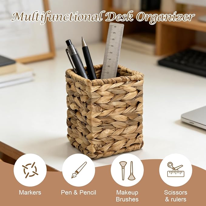 Vintage Woven Pencil Cup, Rattan-Style Desk Organizer - Large Capacity Pen Holder for Office, Home & School Supplies, 1 Count