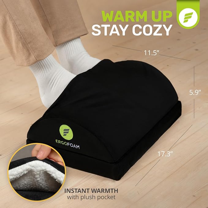 ErgoFoam Foot Rest for Under Desk at Work with Warm Feet Pocket - Chiropractor-Endorsed Foot Rest Warmer, High-Density Foam, Velvet