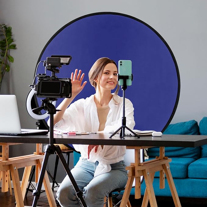 Cosmos 1 Pc Blue Screen Backdrop 43 in / 110 cm Diameter Foldable Portable Photography Background Green Screen Chroma Key Backdrop for Photography Photo Video Studio, Live Streaming, Video Meeting