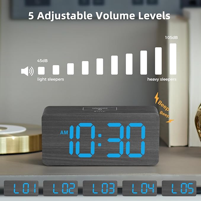 uscce Wooden Digital Alarm Clocks for Bedrooms with 0-100% Dimmable Display | Desk Clock with Large Numbers for Living Room - Loud Dual Alarm for Heavy Sleepers with Volume Control - Wood Decor & Gifts