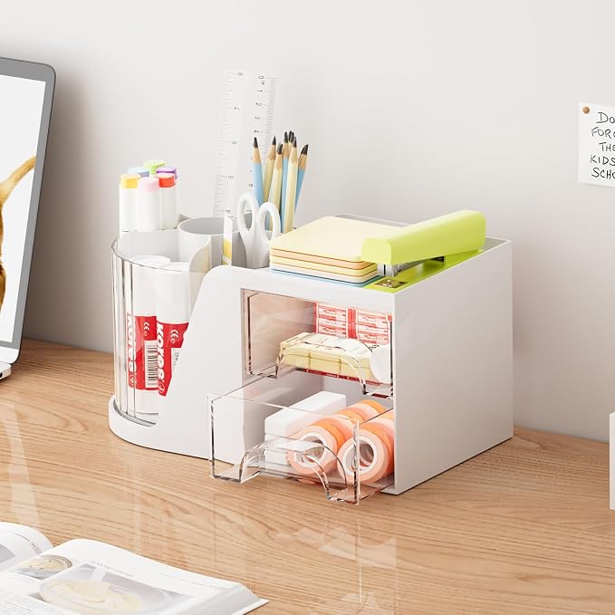Marbrasse Desk Organizer with 2 Drawer, 360°Rotating Pen Holder, Desk Organizers and Accessories with 6 Slots Pencil Organizer + 2 Drawer, Art Supply Storage Box Caddy for Office (White)