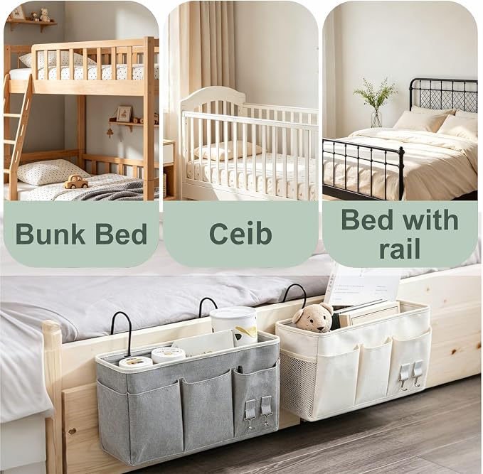 White Bedside Caddy Wall Bag for Dorm Bunk Hospital Beds, Stores Phone Books Glasses