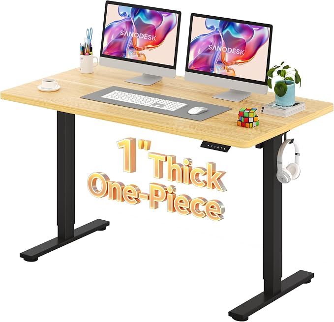 SANODESK Electric Standing Desk 55 x 28 Inches Whole-Piece Desktop Height Adjustable Stand Up Desk w/6-Button Controller Ergonomic Computer Desk for Home Office, Black Frame + Natural Tabletop