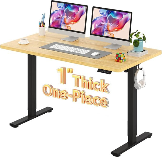 SANODESK Electric Standing Desk 55 x 28 Inches Whole-Piece Desktop Height Adjustable Stand Up Desk w/6-Button Controller Ergonomic Computer Desk for Home Office, Black Frame + Natural Tabletop