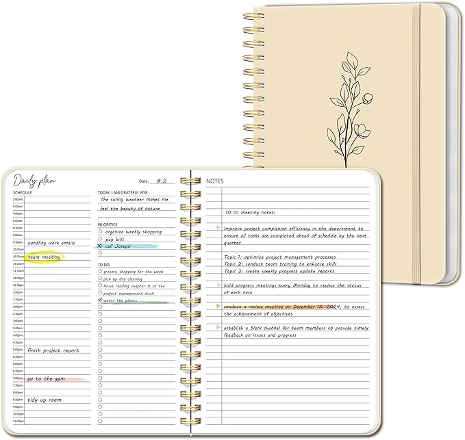 Undated Daily Planner With Hourly Schedule, To Do List Spiral Notebook, Easily Organize Your Work Tasks And Appointments, Perfect School Or Office Supplies For Organizing & Planning, 7.5"x10", Beige