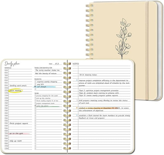 Undated Daily Planner With Hourly Schedule, To Do List Spiral Notebook, Easily Organize Your Work Tasks And Appointments, Perfect School Or Office Supplies For Organizing & Planning, 7.5"x10", Beige