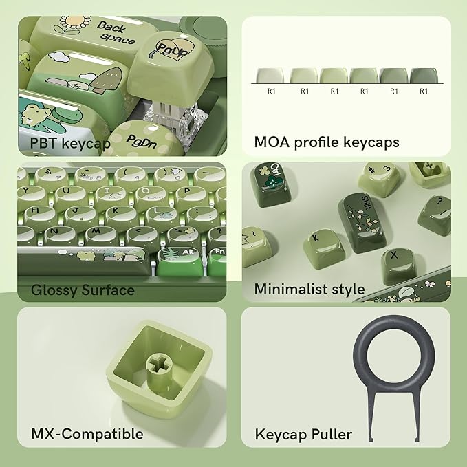 dagaladoo Cute Frog Keyboard keycaps Ceramic Style,Matcha Green moa keycap Set,dye Sublimation PBT Keyboard caps,128-keys keycap for Cherry Gateron MX Switches Mechanical Keyboards