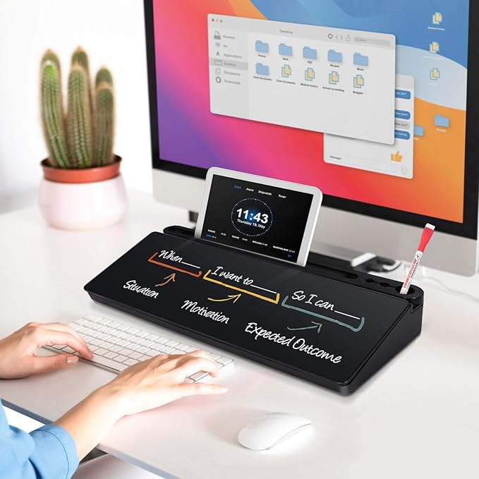 DOLLAR BOSS Glass Desk Whiteboard Small Dry Erase Board Desktop White Board with Storage Drawer Computer Keyboard Stand Desk Organizer Office Accessories School Supplies with 4 Markers 1 Rag, Black