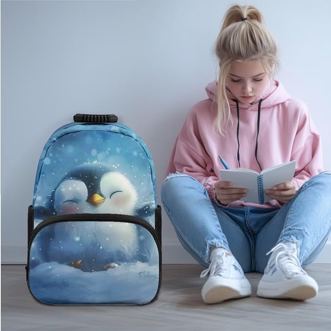 Ystardream Cute Penguin Backpack for Girls Backpack and Lunch Box Lightweight Elementary School Bag with Comfortable Adjustable Straps for Student Easy Carry 4 Pcs Kindergarten Supplies for Teenager
