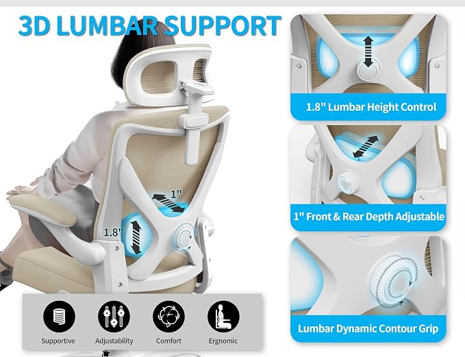 Ergonomic Office Chair: Mesh Desk Chair Comfy with Headrest& Lumbar Support | Ergalithic Big and Tall Office Chairs with Wheels & Flip-Up Arms-Computer Gaming Chairs for Adults Home Office Chairs(Beige)
