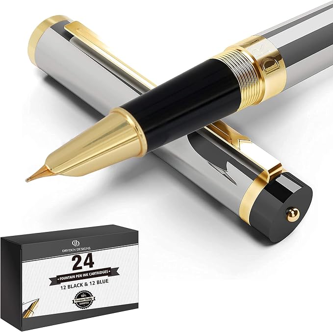 Dryden Designs Fountain Pen - Medium and Fine Nibs - Metallic Silver - Includes 24 Ink Cartridges - 12 Black and 12 Blue.