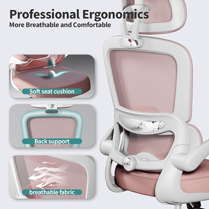 TRALT Office Chair Ergonomic Desk Chair, 330 LBS Home Mesh Office Desk Chairs with Wheels, Comfortable Gaming Chairs (Pink)