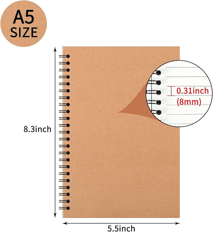 YOTNUS 60 Pcs A5 Spiral Notebooks Journal with Kraft Cover, 5x8 Inches, Ruled Lined Paper, for Work, Sketches, Study, Notes Taking, Gifts, Brown (60 PCS(Lined)