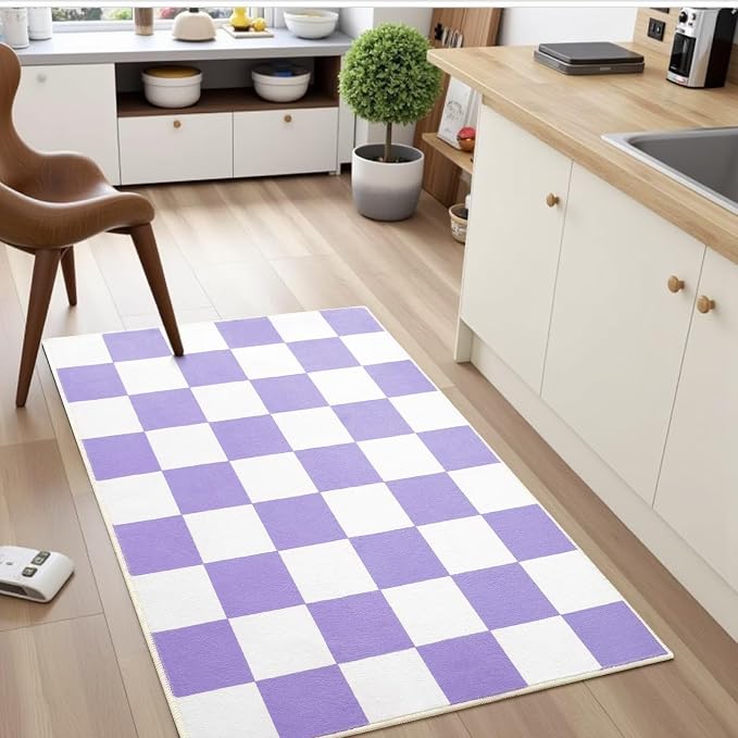 Terrug Purple and White Checkered Rug for Entryway,2x3 Small Area Rugs Washable with Non Slip for Kitchen,Soft Low Pile Retro Carpet for Bedroom Front Door Porch