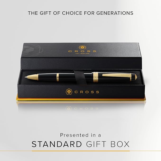 Cross Bailey Light Polished Black Resin and Gold Tone Rollerball Pen - Professional Pen for Effortless Writing - Journaling, Note-Taking & More - Black Ink - Easy Handling - Includes Gift Box