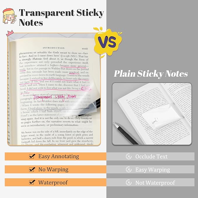 [650 Sheets] Transparent Sticky Notes, 3 Sizes Clear Sticky Notes Pads, Waterproof Self-Adhesive Translucent See Through Sticky Notes for Annotating Books,School & Office