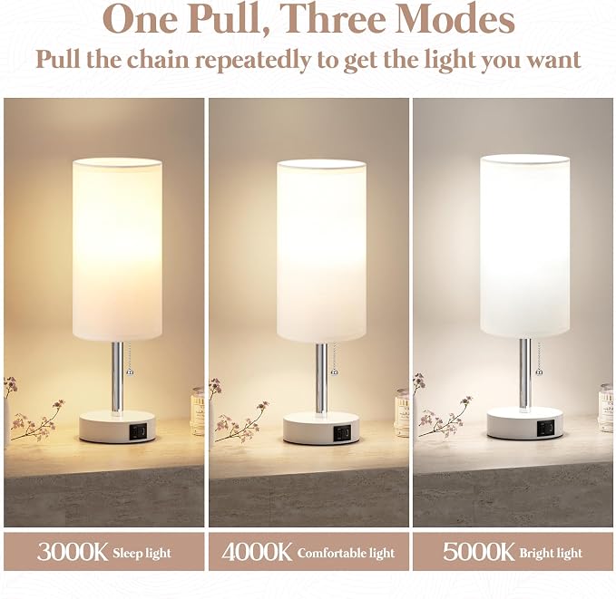 Dicoool Small Bedside Table lamp for Bedroom - 3 Color Modes, Desk Lamp with USB-C and USB-A Charging Ports, Pull Chain, Nightstand Light for Office, Kids Room, Dorm Lamp