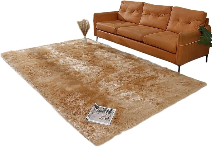linmopm Faux Fur Rug Sheepskin Shag Fluffy Fuzzy 6x9 ft Beige Rugs for Bedroom Bedside Bed Floor Living Room Plush Rectangle High-Density Cushion Carpet Super Sofa Cover