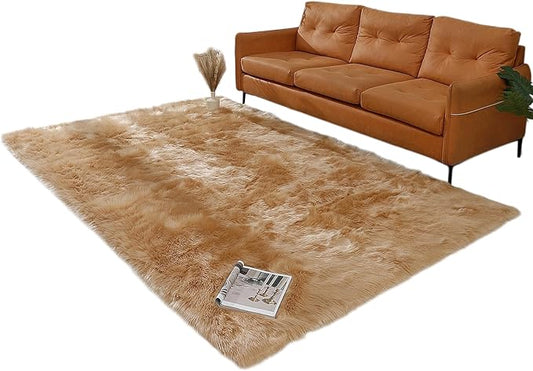 linmopm Faux Fur Rug Sheepskin Shag Fluffy Fuzzy 6x9 ft Beige Rugs for Bedroom Bedside Bed Floor Living Room Plush Rectangle High-Density Cushion Carpet Super Sofa Cover