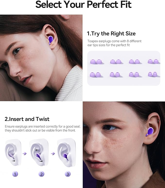 Ear Plugs for Sleeping 45dB Noise Cancelling Ear Plugs for Noise Reduction & Snoring, Concerts, Earplugs for Sleep,Sider Sleepers Airplane, Silicone Earplugs Reusable Concert Ear Plug+8Tip Violet