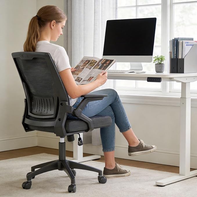 OS MOTOR Ergonomic High-Back Mesh Office Chair with Lumbar Support | Flip-up Armrests, Adjustable Height, Swivel Rolling Base, Breathable Mesh, Comfort, Home, Office, Work, Study, Gaming