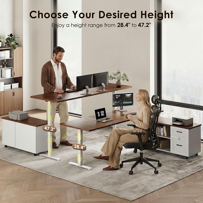 OffiGo 63" L Shaped Electric Standing Desk with File Cabinet, Walnut/White | Mobile Drawers & File Cabinet for Flexible Layout, Height Adjustable Executive Stand Up Desk for Home Office Workstation