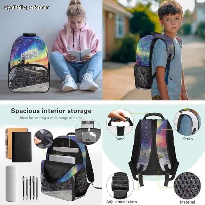 Steam Train 4-in-1 Backpack Set for Elementary Boys Girls – 17 Inch Cute Bookbag with Lunch Bag for Kids Ages 6-10 - Rainbow Starry Backpacks Back to School Supplies