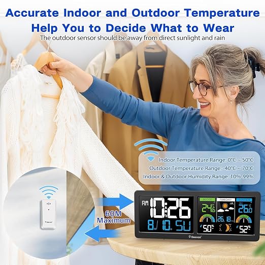 Geevon Weather Stations Wireless Indoor Outdoor Thermometer with Alarm Clock, HD Color Display Digital Temperature Humidity Monitor with Barometer, Comfort Indicator, and Adjustable Backlight
