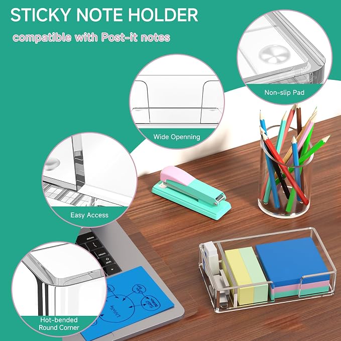 Sticky Note Holder with Pen Slot, Crystal Clear Acrylic Notepad Holder 4x6 in Self-Stick Note Dispenser Office Desk Accessories, Memo Pad Holder Organizer for Classroom School Supplies