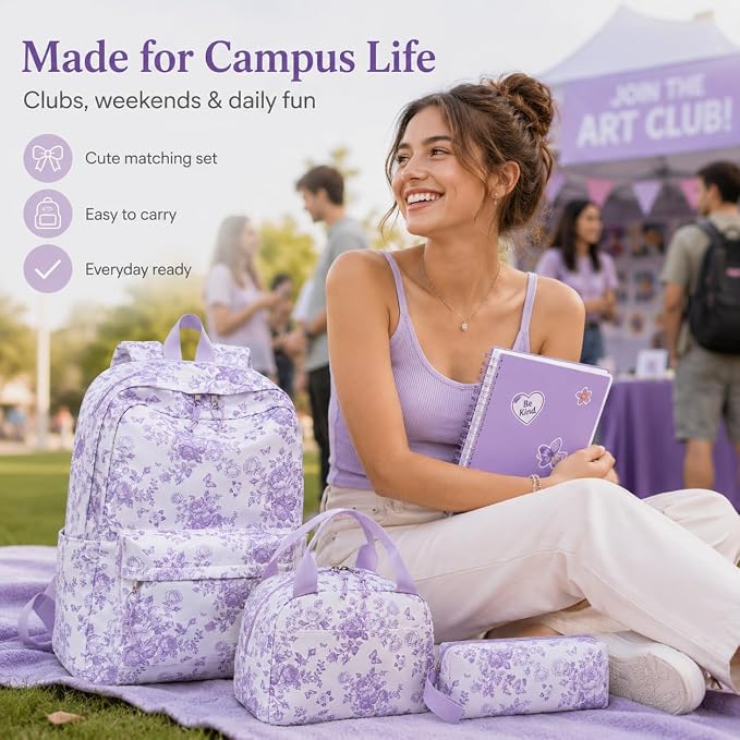 Bluboon Teens Backpack Set Girls School Backpack Lunch Box Pencil Bags Student Bookbags 3 in 1 (Purple Floral 277)