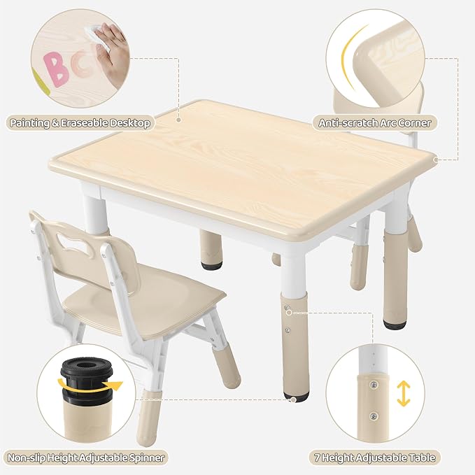 DOREROOM Adjustable Kids Table & 2 Chairs Set, 31.5" L x 23.6" W, Natural-W | Graffiti Desktop,Table Supports 300 lbs,Toddler Ages 2-8，FSC-certified, Children Activity Table for Daycare, Classroom, Home