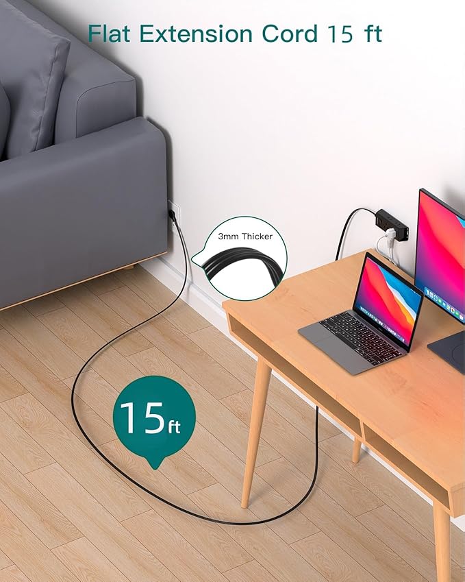 Flat Extension Cord 15 ft - Addtam Flat Plug Power Strip with 6 Outlets Extender, Long Extension Cord with Multiple Outlets, Wall Mount for Home Dorm Room Essentials, Black