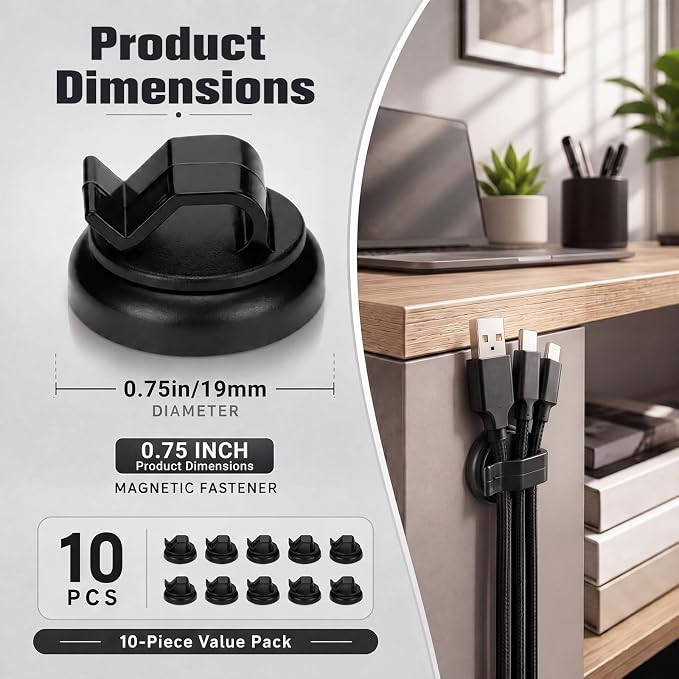 Shimeyao 10pcs Magnetic Fasteners, 3/4" Magnetic Cable Holder, 23lbs Pull Force Zip Tie Mount Base, Durable Cable Organizer for Home Office Marine Electrical Wiring