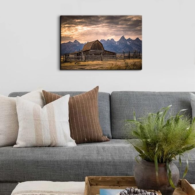 Grand Teton National Park Canvas Wall Art Sunset Moulton Barn Landscape Wall Decor, Wyoming Nature Mountains Scenery Picture Artwork Painting Decoration for Home Living Room Bedroom Kitchen 16x24"