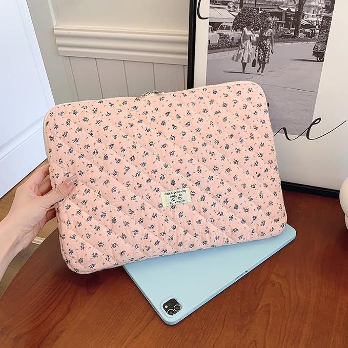 Cute Laptop Sleeve 13-15 inch Laptop Case Aesthetic Quilted Laptop Sleeve Computer Bag with Flower Printing for MacBook (A-Pink, 15inch)