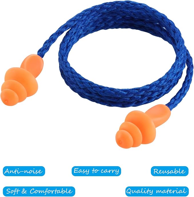 100 Pairs Corded Ear Plugs Silicone Noise Reducing Blocking Cancelling Soft Reusable Rubber Hearing Protection Earplugs for Sleeping Swimming Snoring Sports Racing