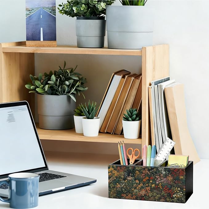 Vintage Floral Pen Pencil Holder for Desk, Dark Academia Cottagecore Botanical Wildflower Wooden Box Sign Organizer for Home Room Office Bedroom Desk Accessories Tabletop Decorations
