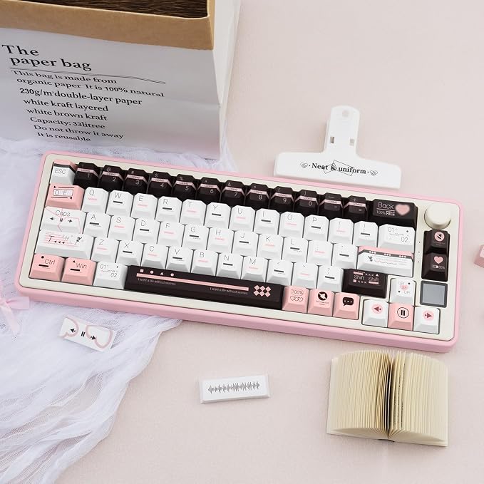 PBT Keycaps, Cute Keycaps 60 65 75 100 Percent, Dye Sublimation Custom Key caps, Pink White Brown 145 Keys Set, Cherry Profile Aesthetic Keycap Set for Cherry Gateron MX Switche Keyboard