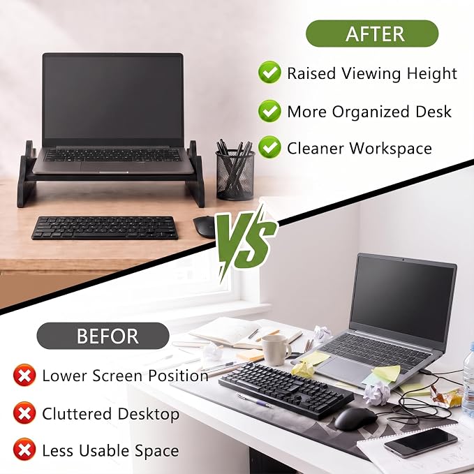 Wenqik Solid Pine Wood Laptop Riser, 14.2" Wooden Laptop Stand for Desk, Monitor Shelf with Keyboard Storage, Minimalist Desktop Organizer for Dorm Room, Home Office, Black(Mountains Design)