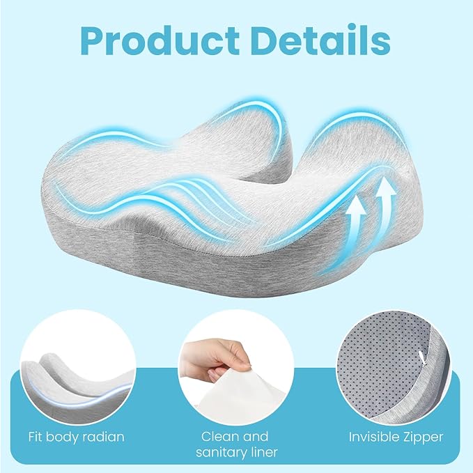 Seat Cushion,Ergonomic Chair Cushions for Sit Bone Tailbone Pain Relief,Sciatica & Back Support,Memory Foam Butt Pillow for Office,Car,Home,Gaming,Wheelchair