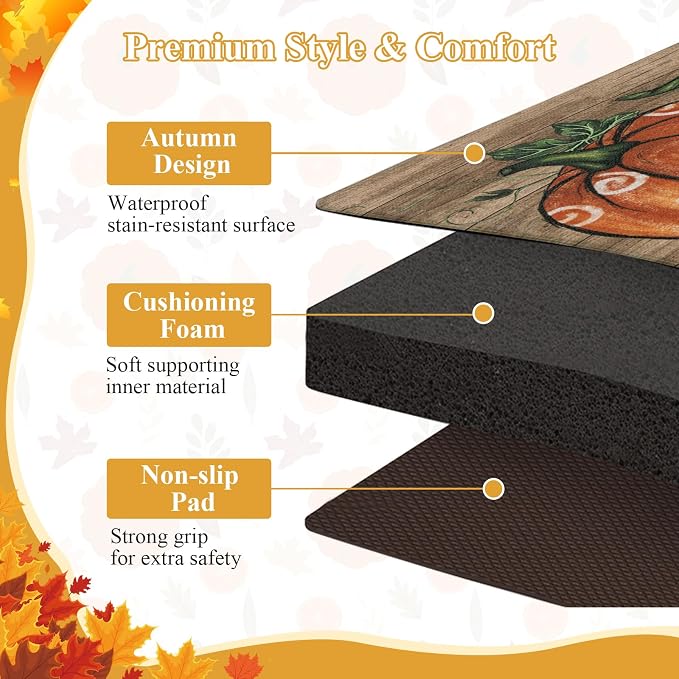 SHACOS Fall Anti Fatigue Kitchen Mats Orange Pumpkins, 17x27.5+17x47 | Wood Board Autumn Harvest Cushioned Kitchen Rugs Set of 2 Non Slip Kitchen Floor Mat Ergonomic Standing Mats