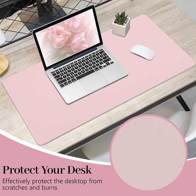 Pink Leather Desk Pad Large Mouse Pad, 35.4"x17" | Waterproof Desk Mat for Keyboard and Mouse, Non-Slip Computer Desk Protector, Smooth Mouse Control for Home Office
