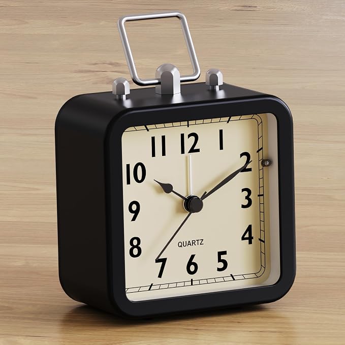 AYRELY® Small Metal Alarm Clock, Desk and Table Clock for Travel | Battery Operated Retro Silent Clock with Light for Bedroom, Bedside, Shelf and Living Room Decor (Matte Black)