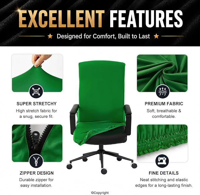 Elastic Computer Chair Cover with Durable Zipper - Protective Removable Washable Universal Office Desk Chair Seat Slip Cover - Stretchy Soft Anti-dust Desk Chair Seat Protector for Pets, Green