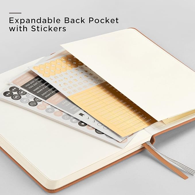 &And Per Se Dotted Journal Notebook, A5 Hardcover Leather Dotted Journal, 160 Pages 100gsm Thick Dot Grid Paper, 3 Sheets of Stickers Included - 5.7'' x 8'' (Light Brown)