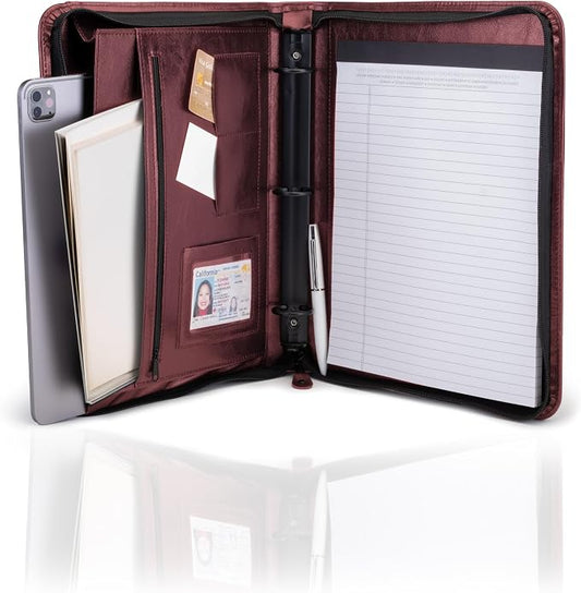 Travigo 3-Ring Portfolio Binder with Zipper | 1.25" Faux Leather Padfolio Binder for Women & Men | Professional Business Portfolio Folder with Writing Pad, Gusseted File Pocket, ID Window (Burgundy)