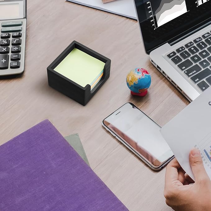 Wood Sticky Note Holder, 3 x 3 Inch Post It Note Dispenser for Office Desk Accessories, Self Stick Note Pad Holder, Memo Pad Holder Dispenser Organizer for School Office Desk Supplies, Black