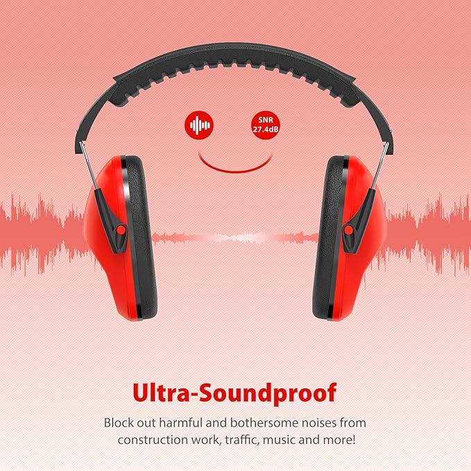 Ear Muffs for Noise Reduction: SNR27.4 Noise Cancelling Headphones for Kids with Adjustable Headband - Noise Cancelling Ear Muffs for Monster Jam, Football Game, Fireworks and Air Shows - Red