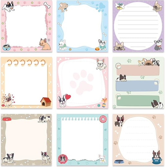 French Bulldog Dog Sticky Notes Gifts, 9 Pack Cartoon French Bulldog Notepads 3x3 Inch Gifts for Women Men, Cute Dog Self-Adhesive Memo Pads, Puppy Office School Supplies (450 Sheets)